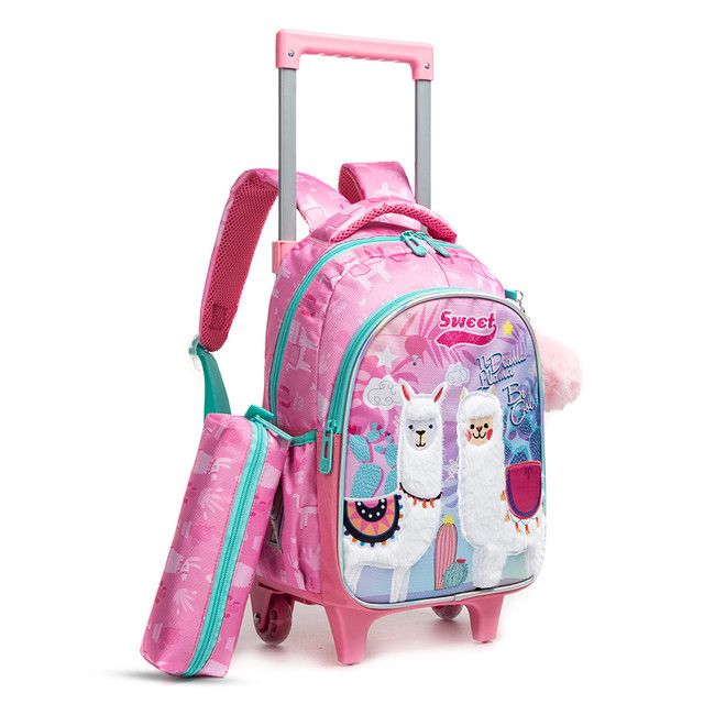 Eazy Kids Set of 3 Trolley School Bag with Lunch Bag and Pencil Case Lama (Pink)