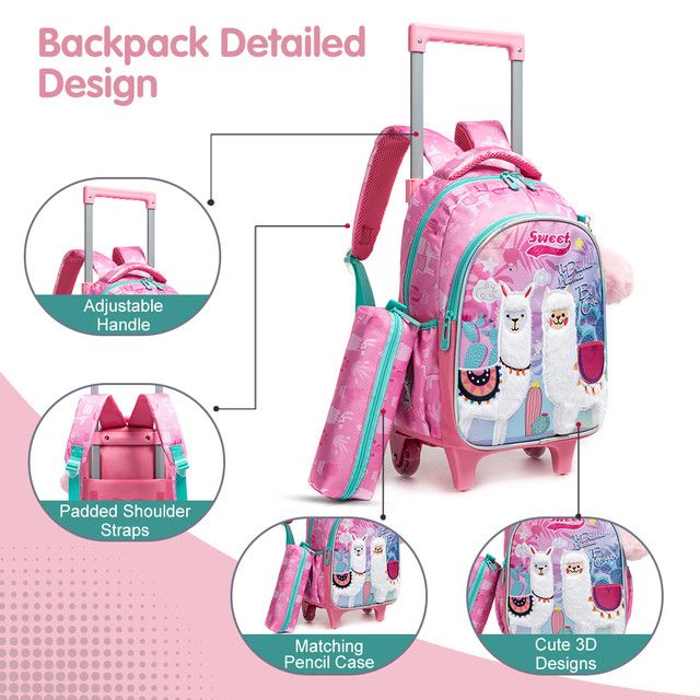 Eazy Kids Set of 3 Trolley School Bag with Lunch Bag and Pencil Case Lama (Pink)