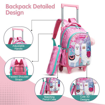 Eazy Kids Set of 3 Trolley School Bag with Lunch Bag and Pencil Case Lama (Pink)
