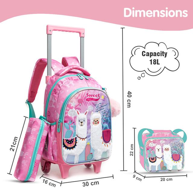 Eazy Kids Set of 3 Trolley School Bag with Lunch Bag and Pencil Case Lama (Pink)
