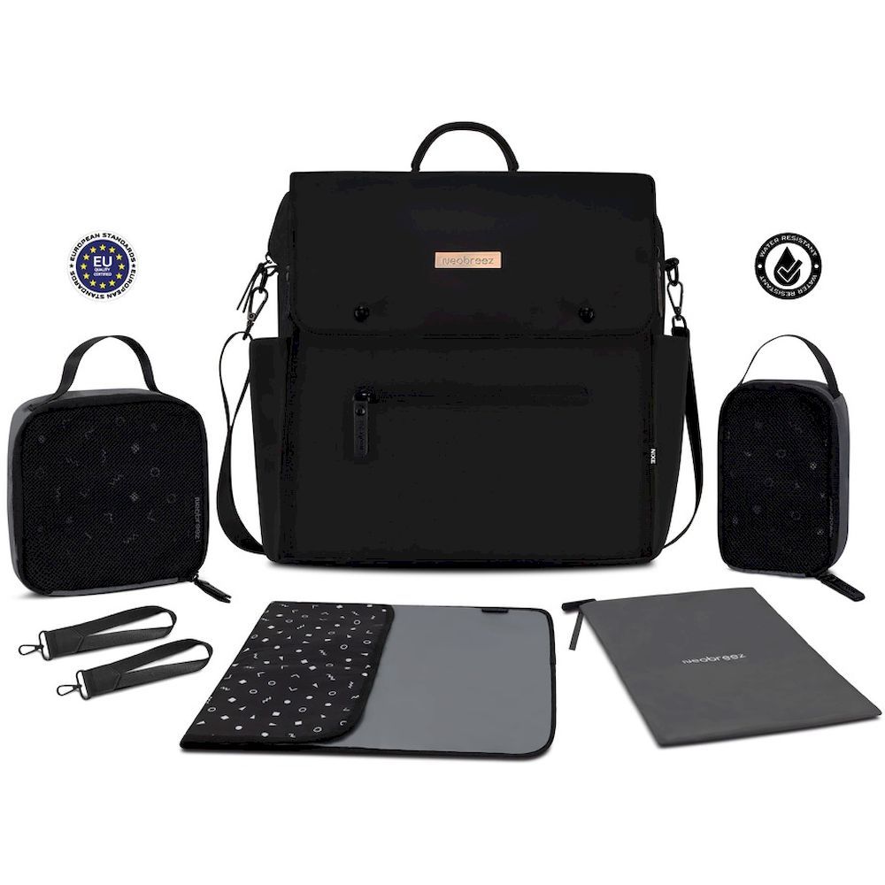 Neobreez Diaper Backpack With Changing Mat, Wet Bag, Pouches Set (Black)