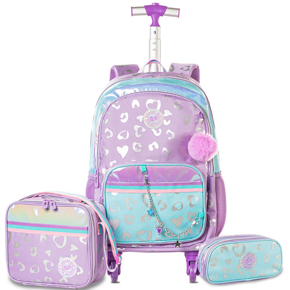 Eazy Kids Trolley School Bag Set of 3 With Lunch Bag & Pencil Pouch (Love Purple)