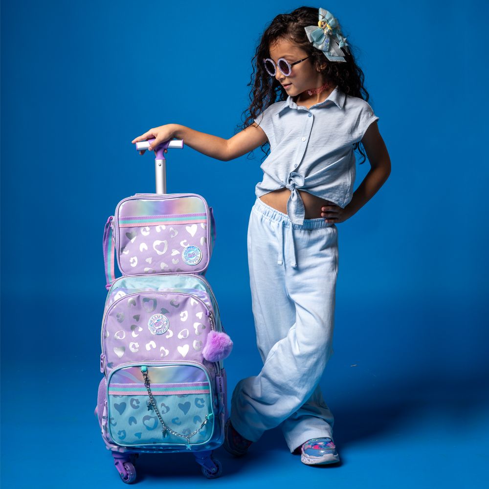 Eazy Kids Trolley School Bag Set of 3 With Lunch Bag & Pencil Pouch (Love Purple)