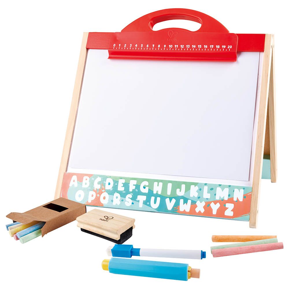 Hape Store & Go Easel Folding Double-Sided Tabletop Blackboard & Whiteboard with Chalks, Markers
