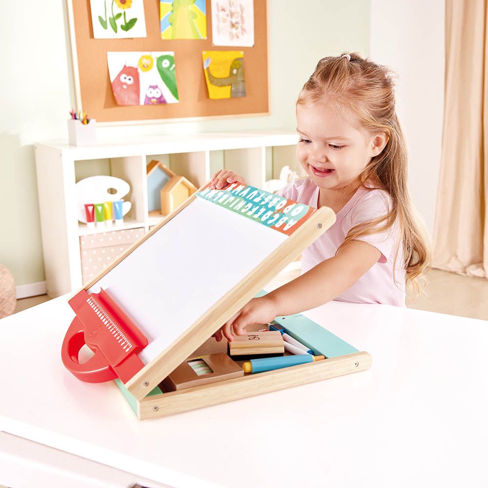 Hape Store & Go Easel Folding Double-Sided Tabletop Blackboard & Whiteboard with Chalks, Markers