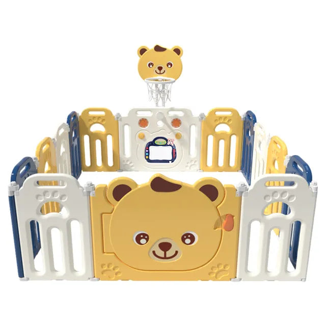 Little Angel - Foldable Kids Playpen Fence with Basketball Hoop - 14 Pcs - Yellow