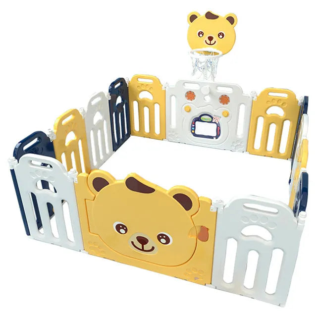 Little Angel - Foldable Kids Playpen Fence with Basketball Hoop - 14 Pcs - Yellow
