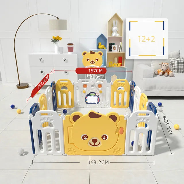 Little Angel - Foldable Kids Playpen Fence with Basketball Hoop - 14 Pcs - Yellow