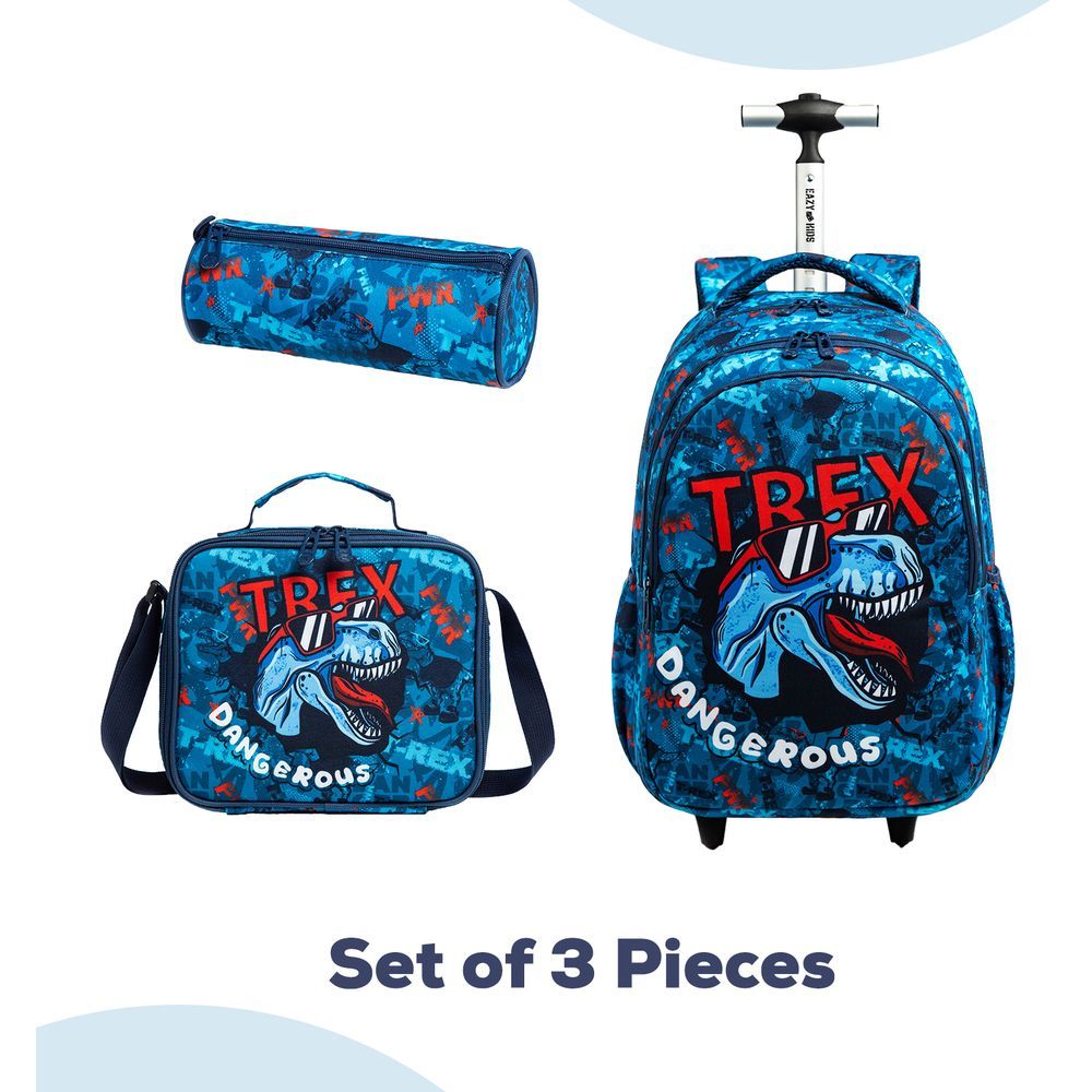 Eazy Kids Set of 3 Trolley School Lunch Bag & Pencil Case (Trex Dinosaur Blue)
