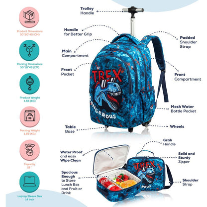Eazy Kids Set of 3 Trolley School Lunch Bag & Pencil Case (Trex Dinosaur Blue)