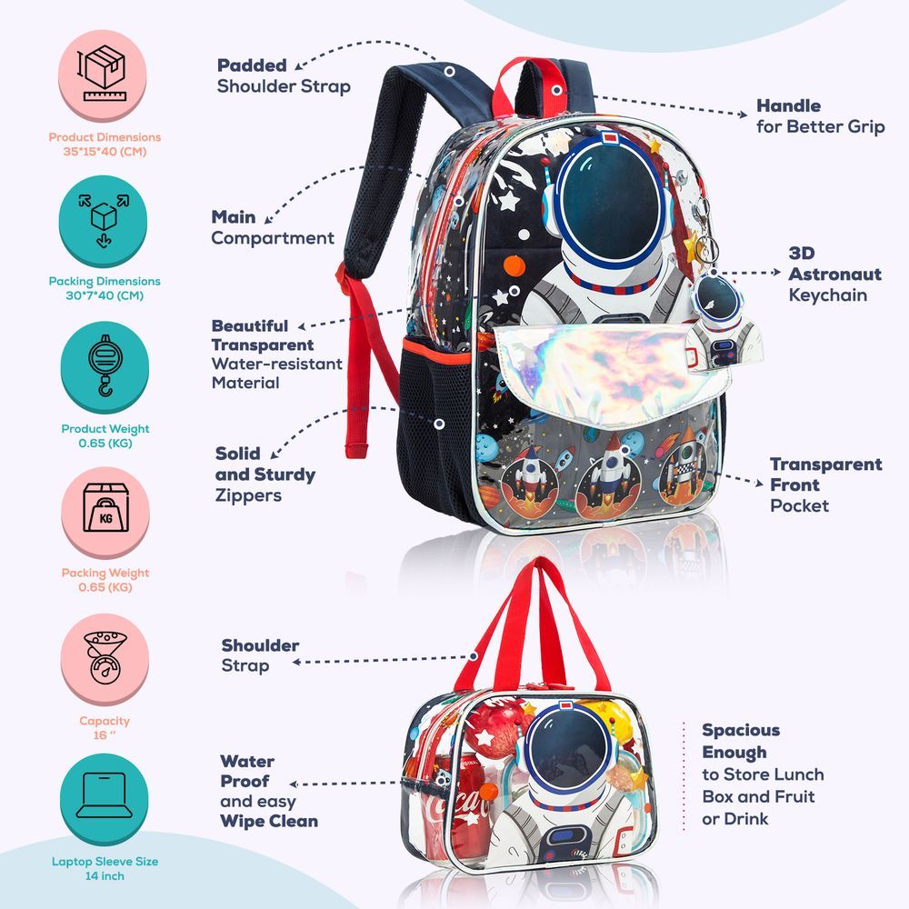 Eazy Kids 16 School Bag Lunch Bag Pencil Case Set of 3 (Astronaut Blue)