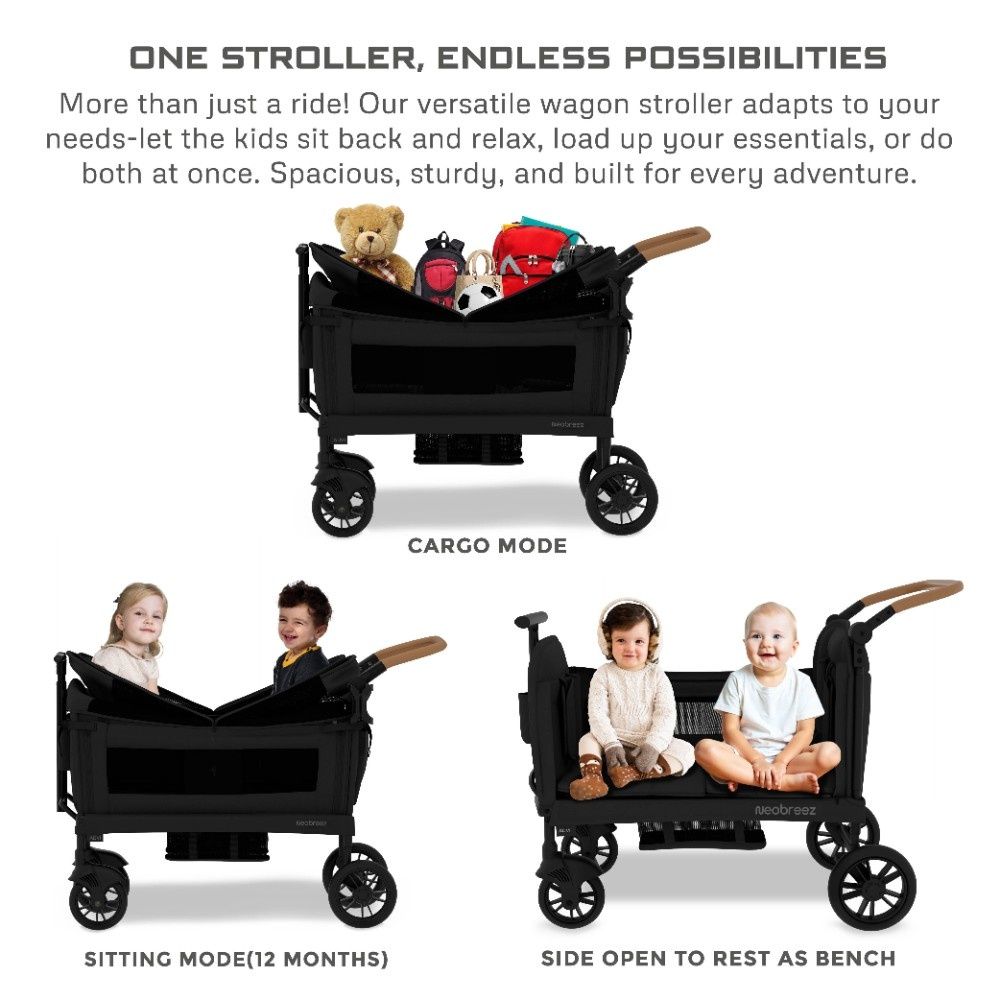 Neobreez Advi Wagon Cargo Push & Pull Foldable Double Stroller (Black)