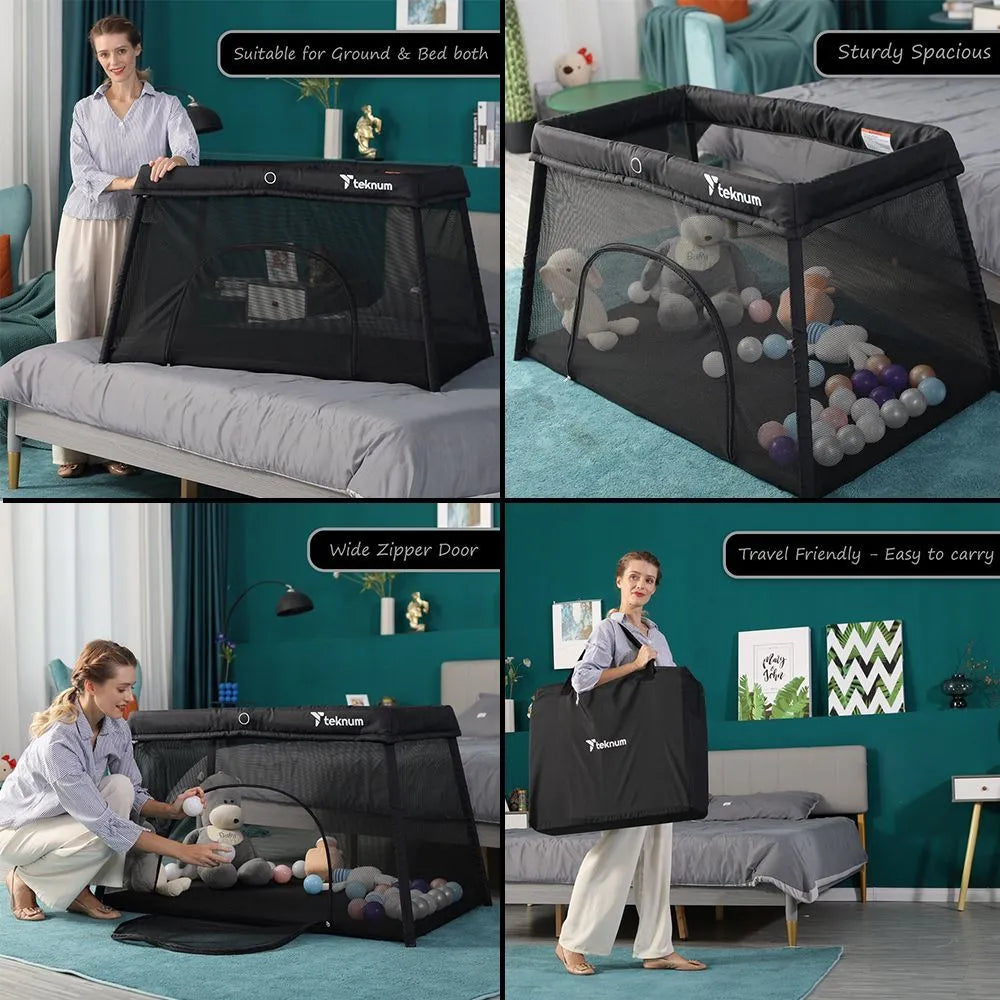 Teknum Portable Quick fold Playard & Cot with Zipper Door & Carry Bag (Midnight Black)