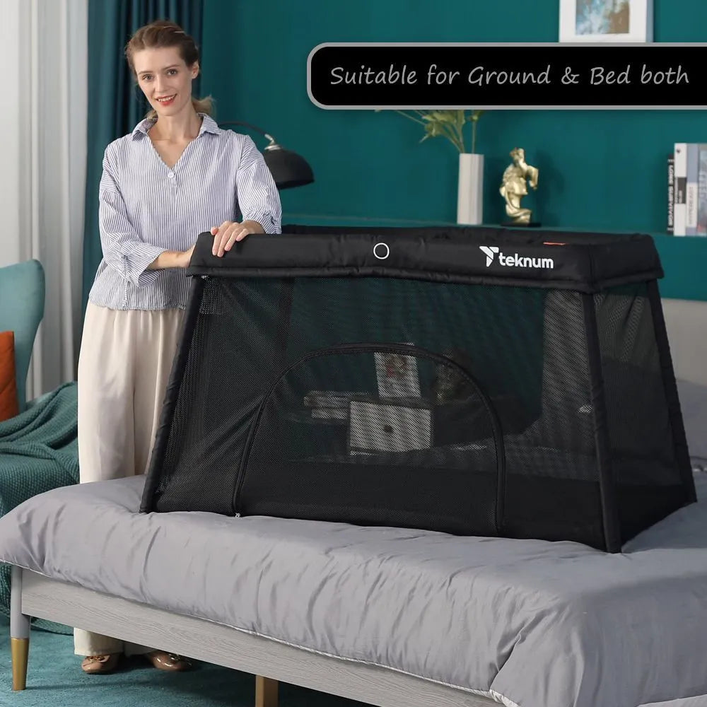 Teknum Portable Quick fold Playard & Cot with Zipper Door & Carry Bag (Midnight Black)