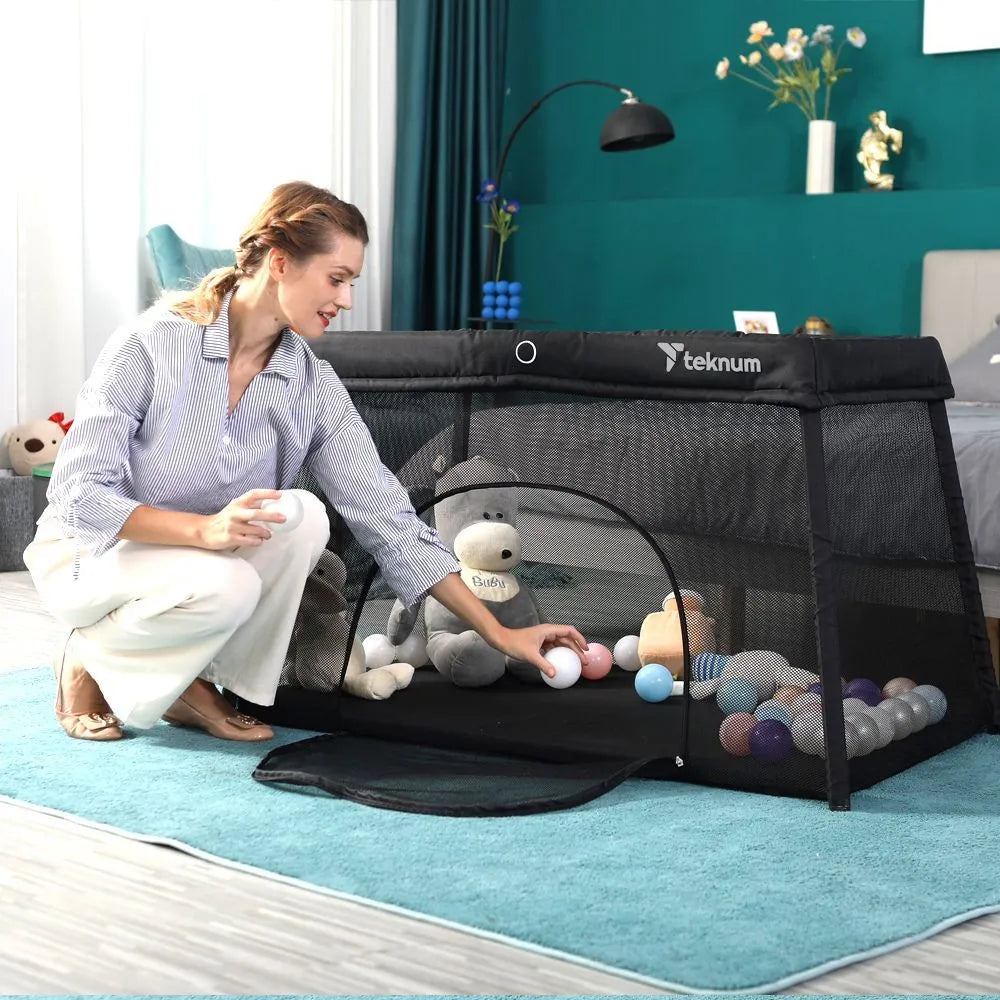 Teknum Portable Quick fold Playard & Cot with Zipper Door & Carry Bag (Midnight Black)
