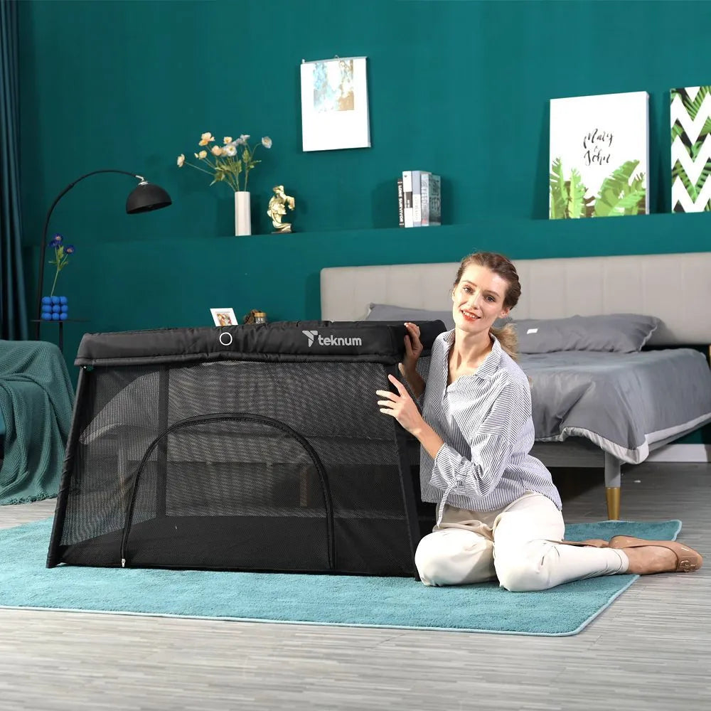 Teknum Portable Quick fold Playard & Cot with Zipper Door & Carry Bag (Midnight Black)