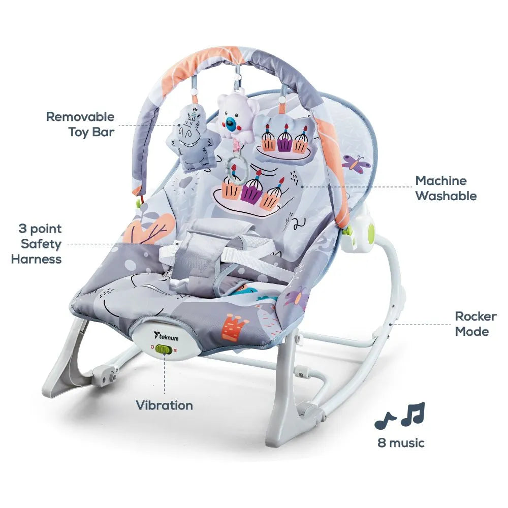 Teknum 3-In-1 Rocker Baby Seat Recliner with Soothing Music (Party Grey)
