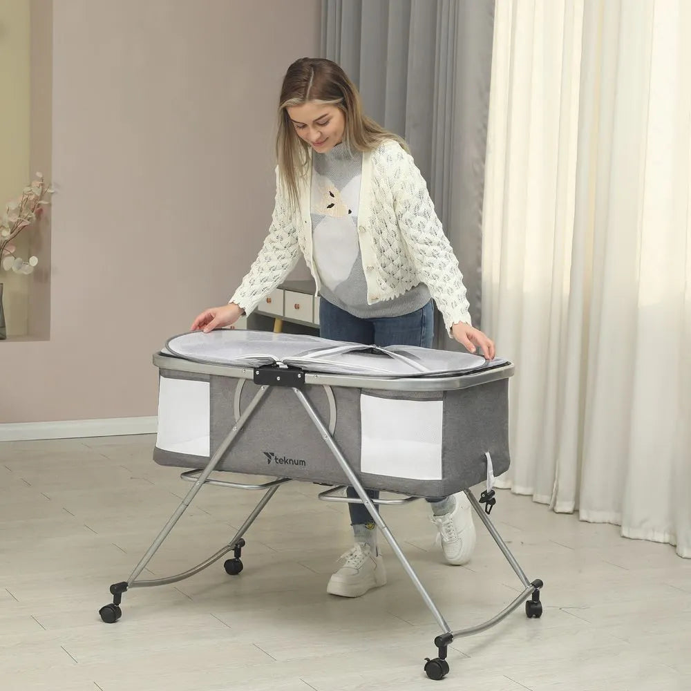 Teknum 3-In-1 Baby Cot Cradle With Mosquito Net & Wheels (Dark Grey)