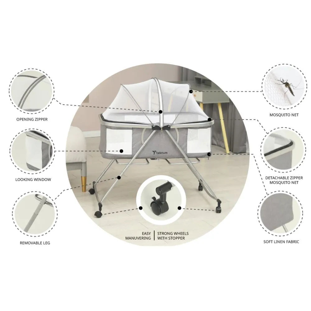 Teknum 3-In-1 Baby Cot Cradle With Mosquito Net & Wheels (Dark Grey)