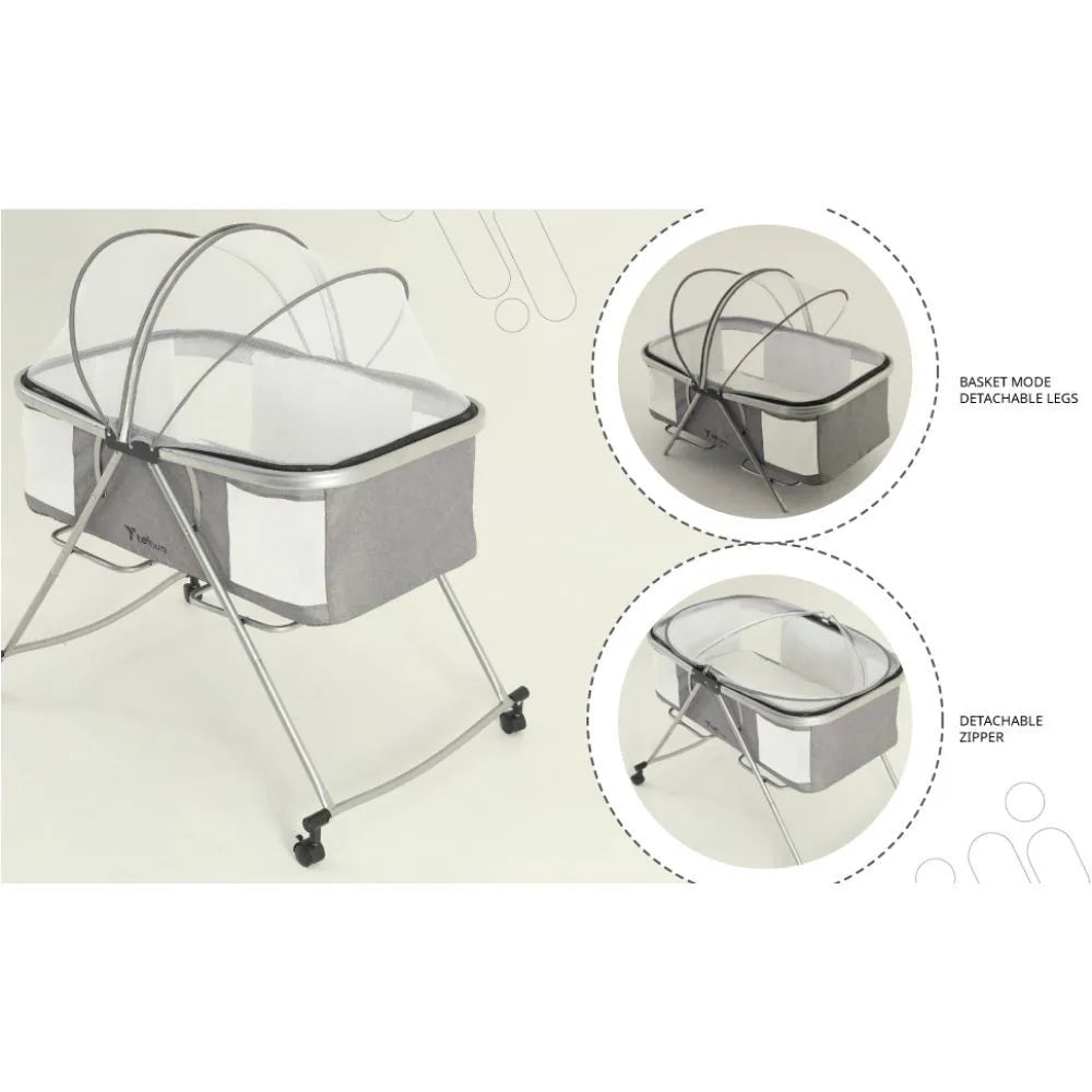 Teknum 3-In-1 Baby Cot Cradle With Mosquito Net & Wheels (Dark Grey)