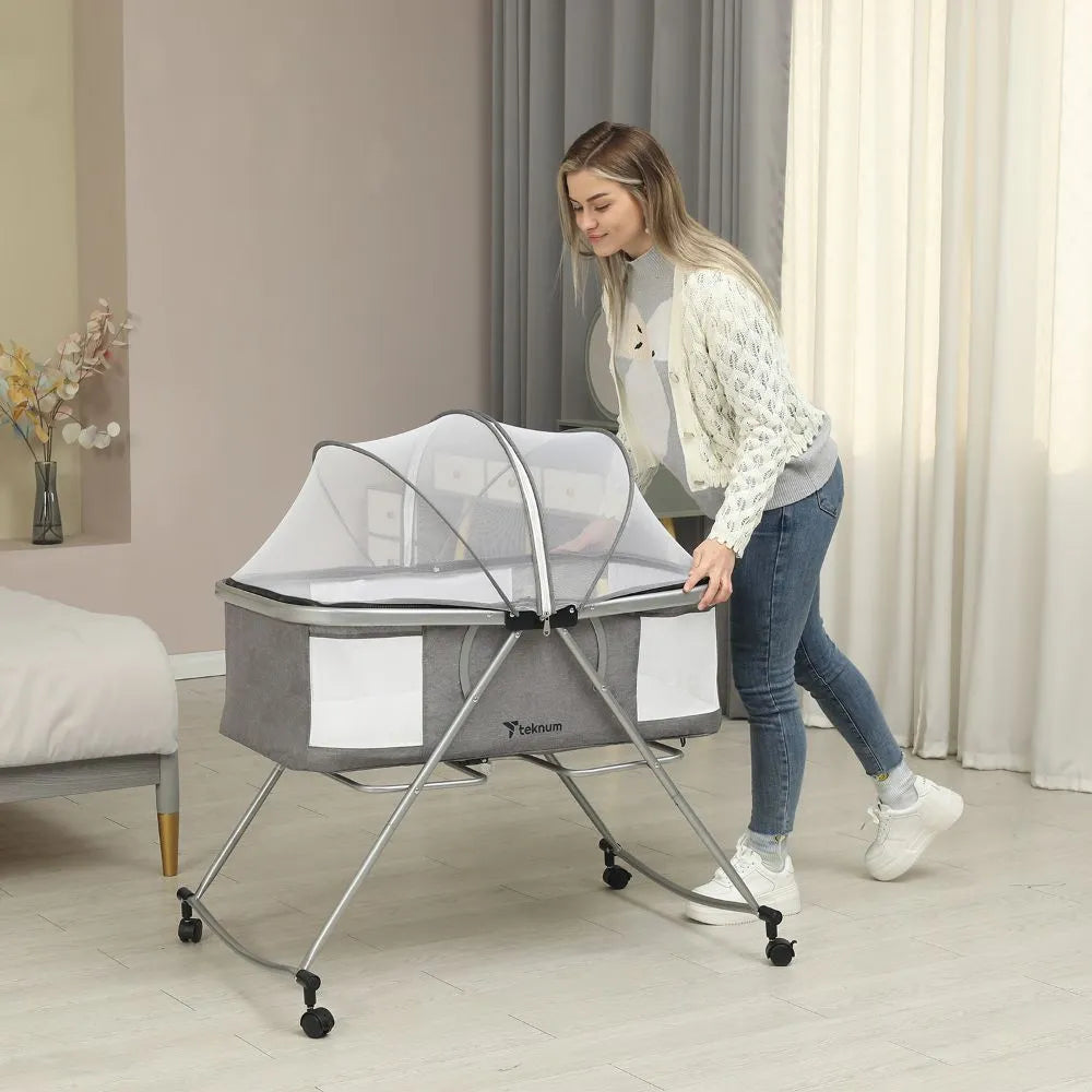 Teknum 3-In-1 Baby Cot Cradle With Mosquito Net & Wheels (Dark Grey)