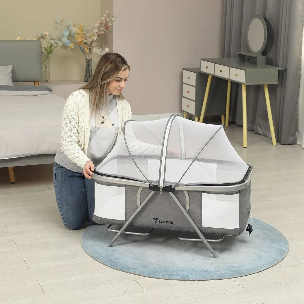 Teknum 3-In-1 Baby Cot Cradle With Mosquito Net & Wheels (Dark Grey)