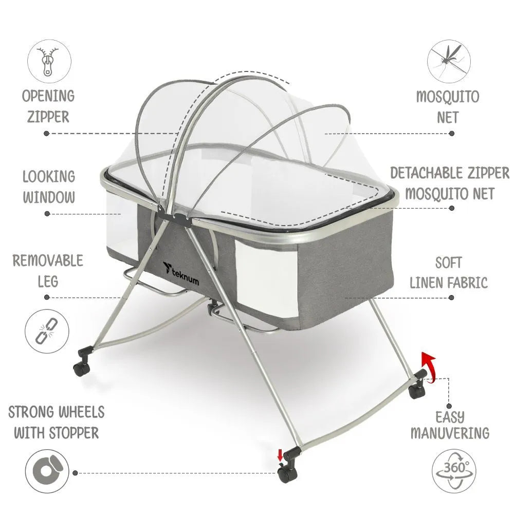 Teknum 3-In-1 Baby Cot Cradle With Mosquito Net & Wheels (Dark Grey)
