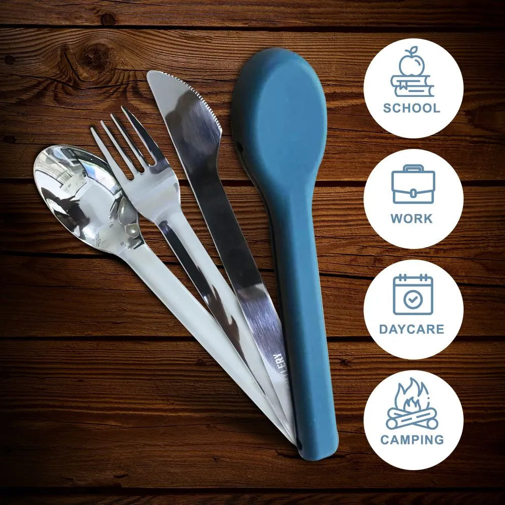 Eazy Kids Portable Travel Cutlery Set (Stainless Steel Spoon, Fork & Knife with Silicone Case)