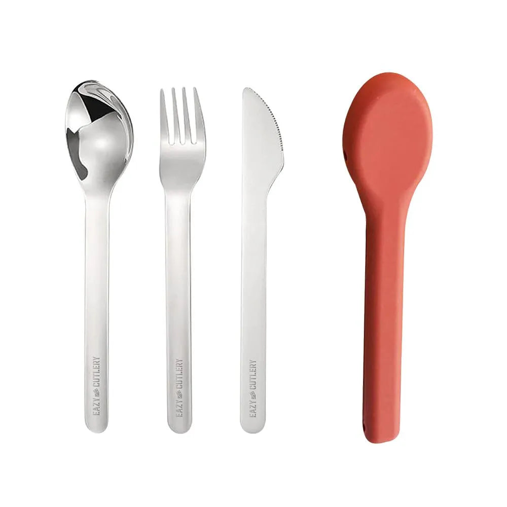 Eazy Kids Portable Travel Cutlery Set (Stainless Steel Spoon, Fork & Knife with Silicone Case)