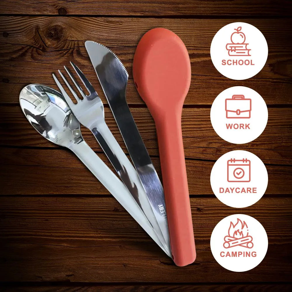 Eazy Kids Portable Travel Cutlery Set (Stainless Steel Spoon, Fork & Knife with Silicone Case)