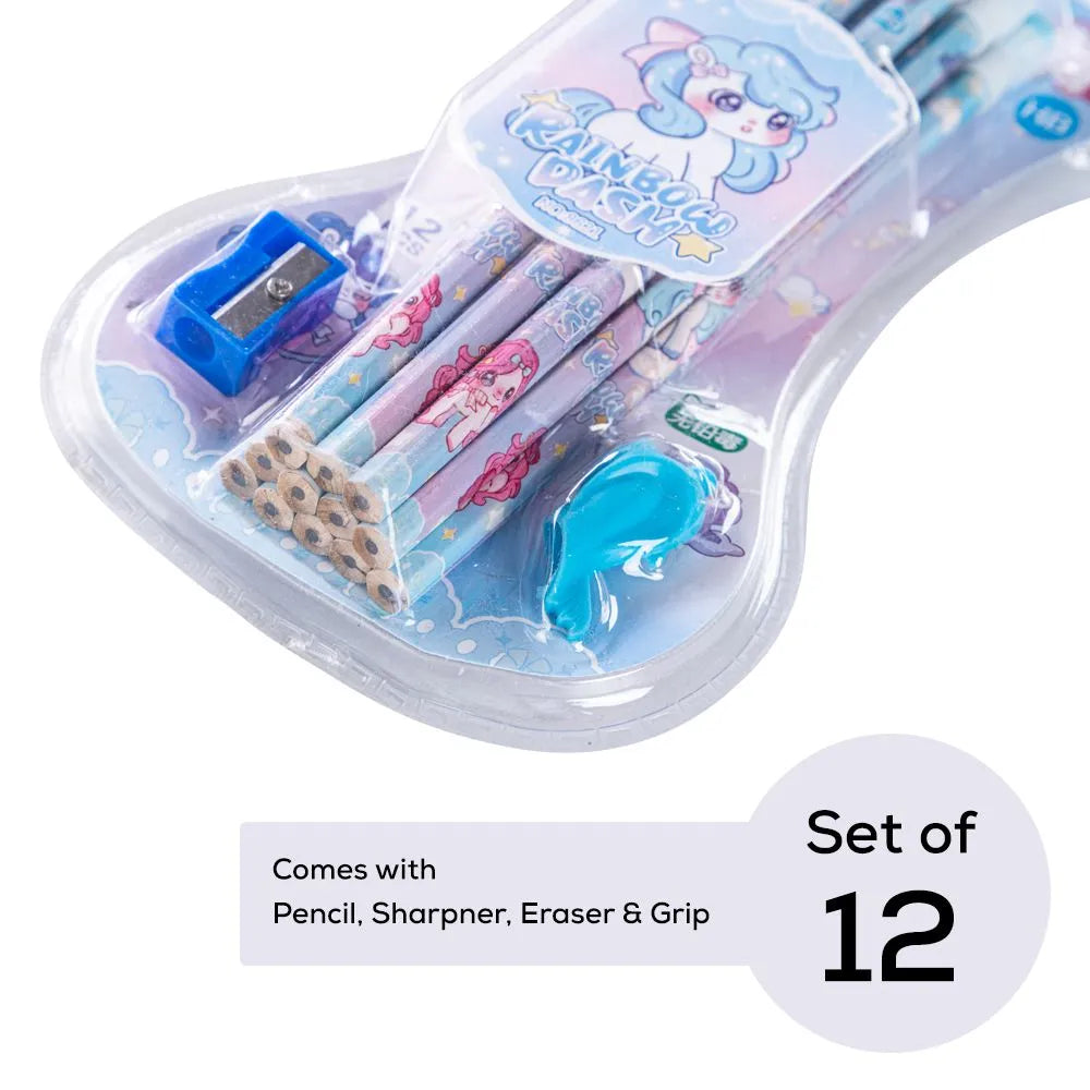 Eazy Kids HB Pencil With Eraser & Grip Set (12 Pcs)