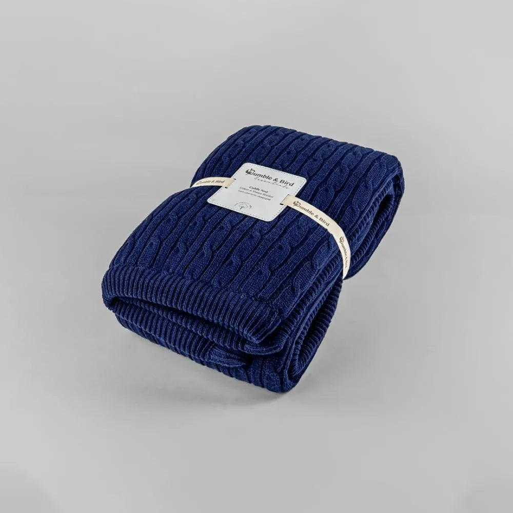 Bumble & Bird Knitted Blanket With Sherpa Back (Blue)