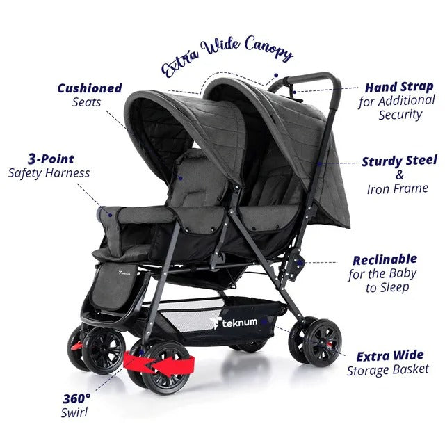 Teknum Double Stroller Combo with Diaper Backpack – Dark Grey