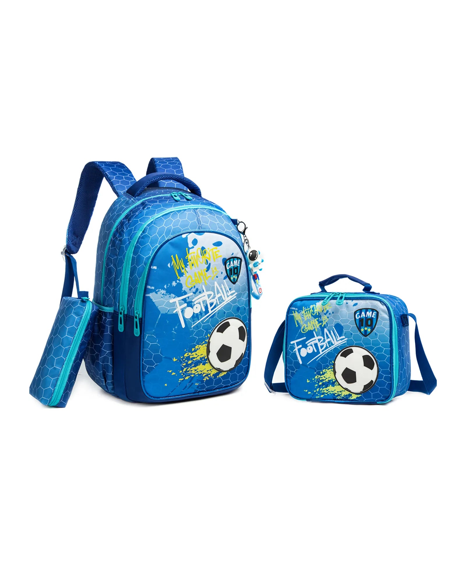 Eazy Kids 17 School Bag Lunch Bag Pencil Case Set of 3 (Football Blue)
