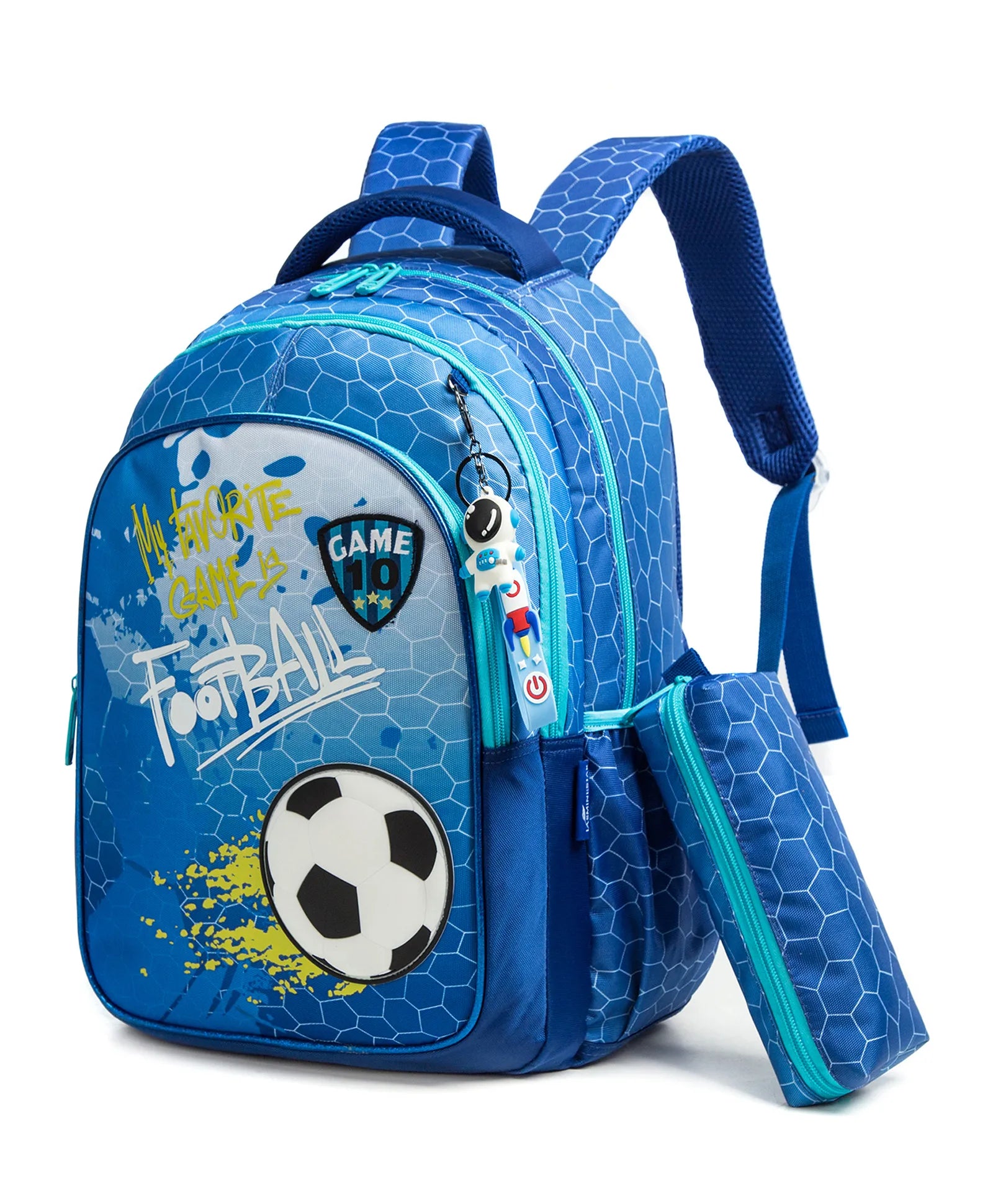 Eazy Kids 17 School Bag Lunch Bag Pencil Case Set of 3 (Football Blue)