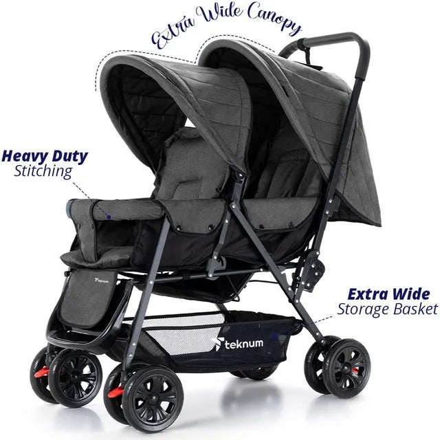 Teknum Double Stroller Combo with Diaper Backpack – Dark Grey