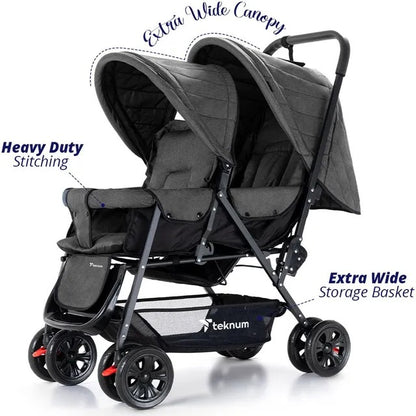 Teknum Double Stroller Combo with Diaper Backpack – Dark Grey