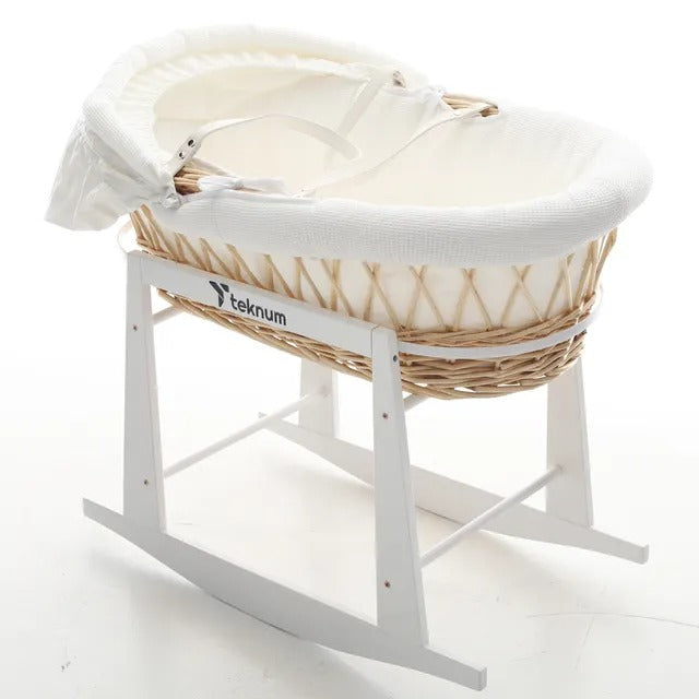 Teknum Wicker Moses Basket with Waffle Beddings & Stand – Wooden Brown.