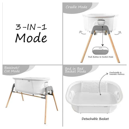 Teknum 3-in-1 Baby Cradle Bassinet With Mosquito Net – White.