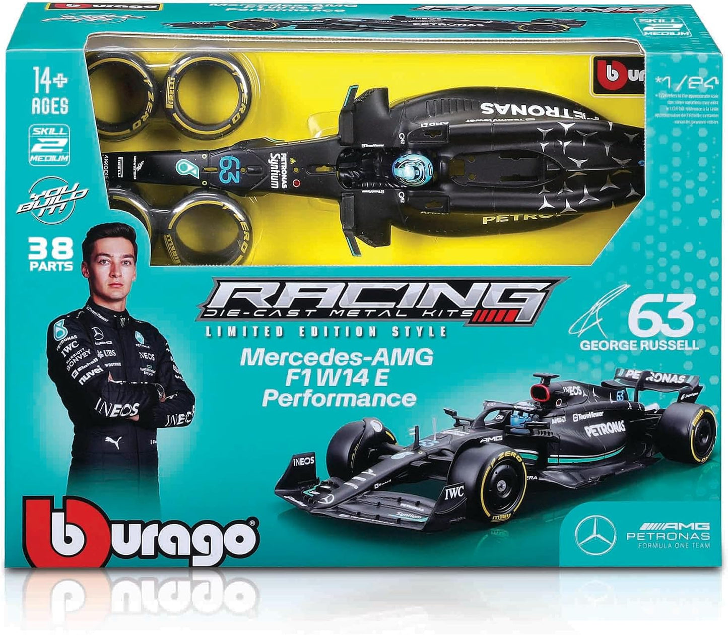 Bburago 1:24 Race Mercedes W14 Model Kit with Helmet – Russell #63