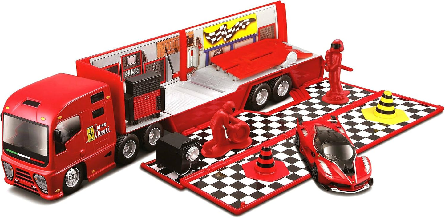 Bburago Ferrari Race & Play Racing Hauler – 1:43 Scale, Red