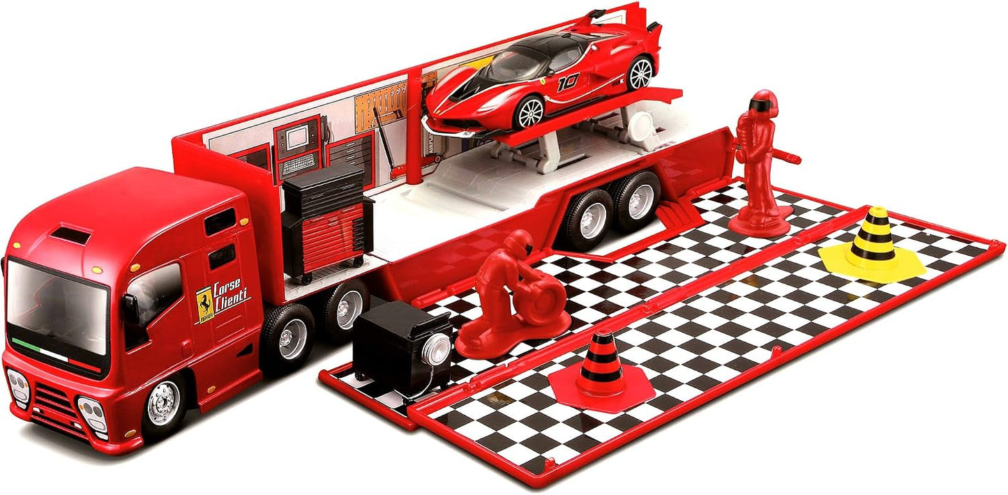 Bburago Ferrari Race & Play Racing Hauler – 1:43 Scale, Red