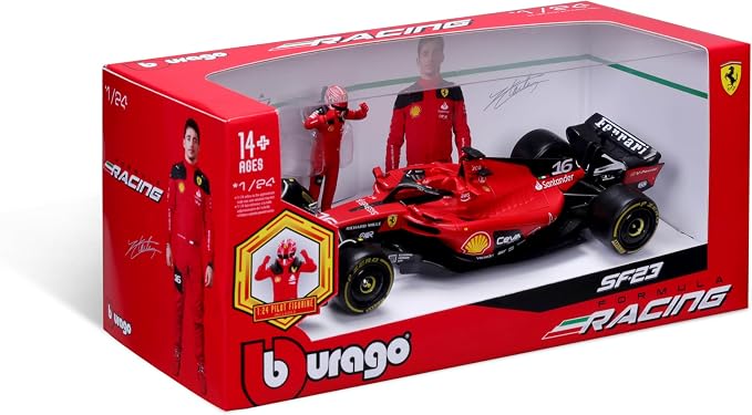 Bburago Ferrari SF-23 With Driver Figure – #16 Charles Leclerc, 1:24 Scale