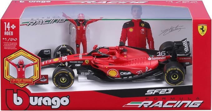 Bburago Ferrari SF-23 With Driver Figure – #16 Charles Leclerc, 1:24 Scale
