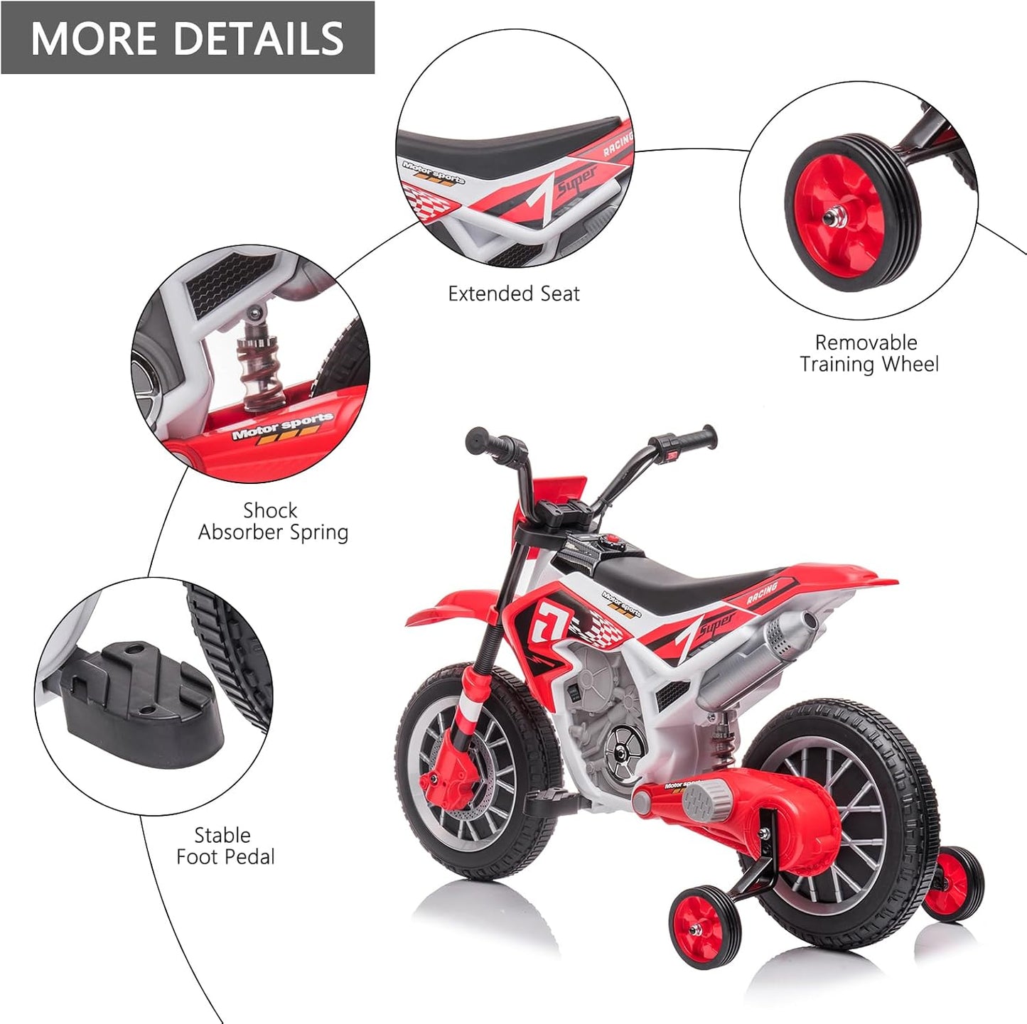 Tobbi Kids 12V Electric Off-Road Motorcycle with Training Wheels (Red)
