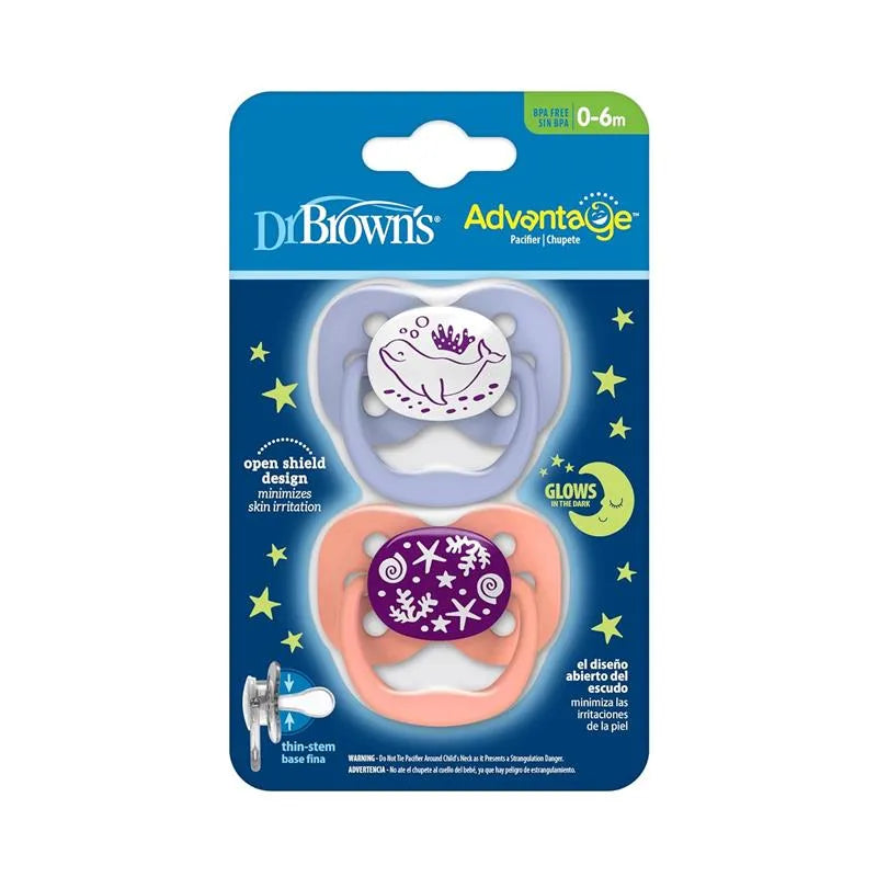 Dr. Brown's Advantage Pacifier Stage 1 Glow In The Dark (Pink) - Pack of 2