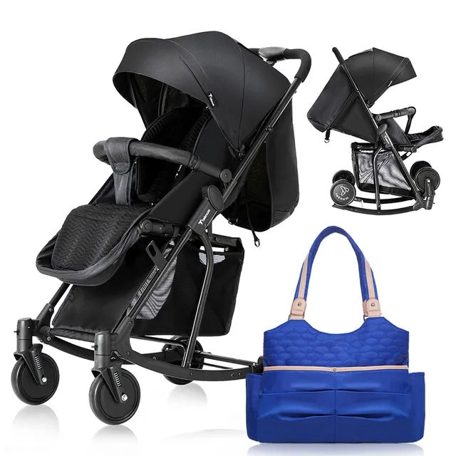 Teknum Stroller with Rocker & Blue Diaper Tote Bag – Black.
