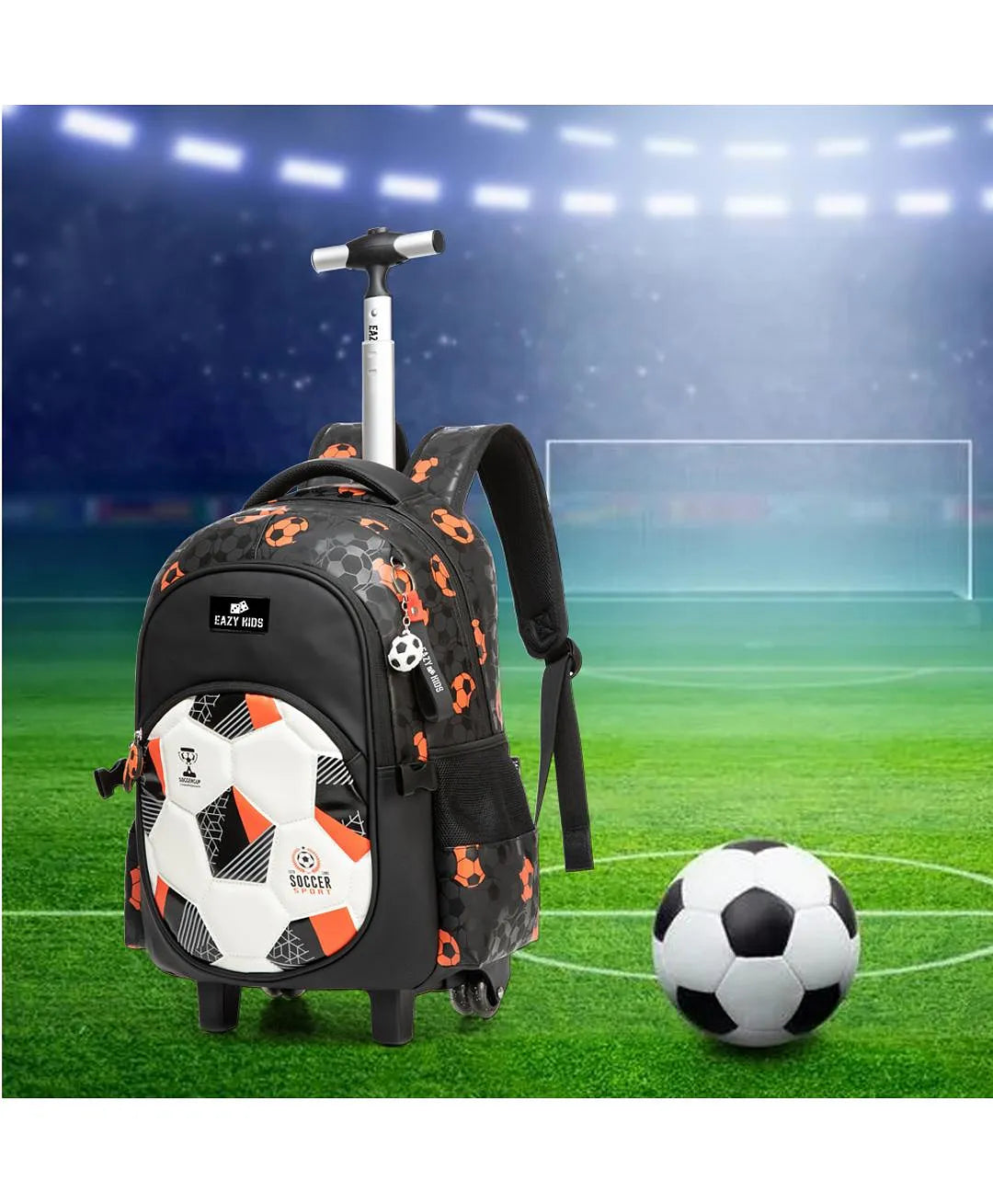 Eazy Kids Trolley School Bag Set of 3 With Lunch Bag and Pencil Case (Football Black)