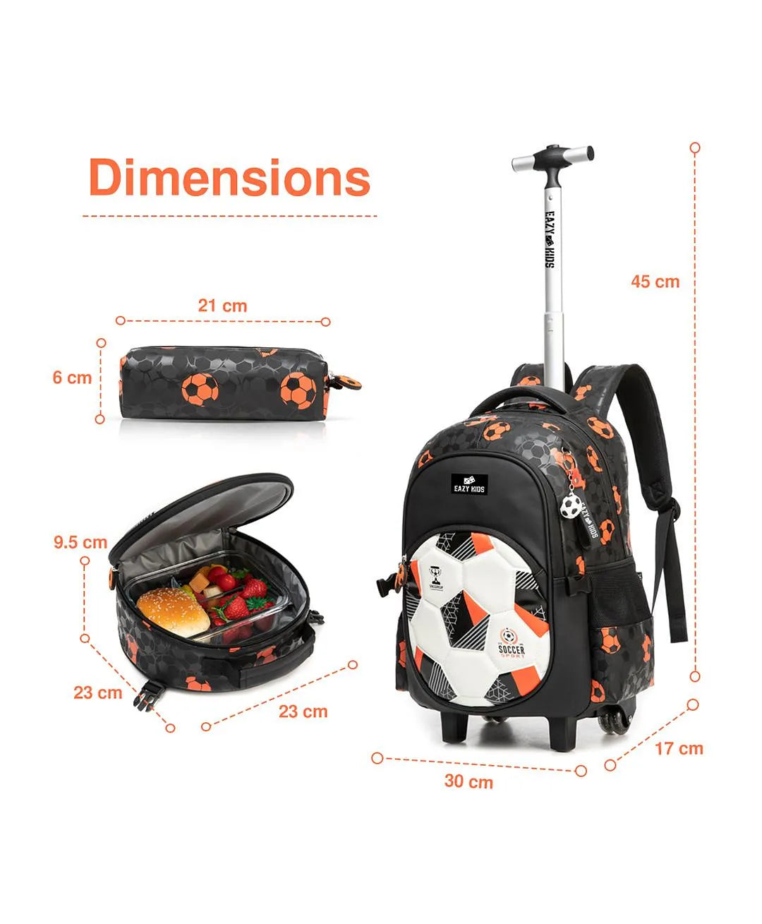 Eazy Kids Trolley School Bag Set of 3 With Lunch Bag and Pencil Case (Football Black)