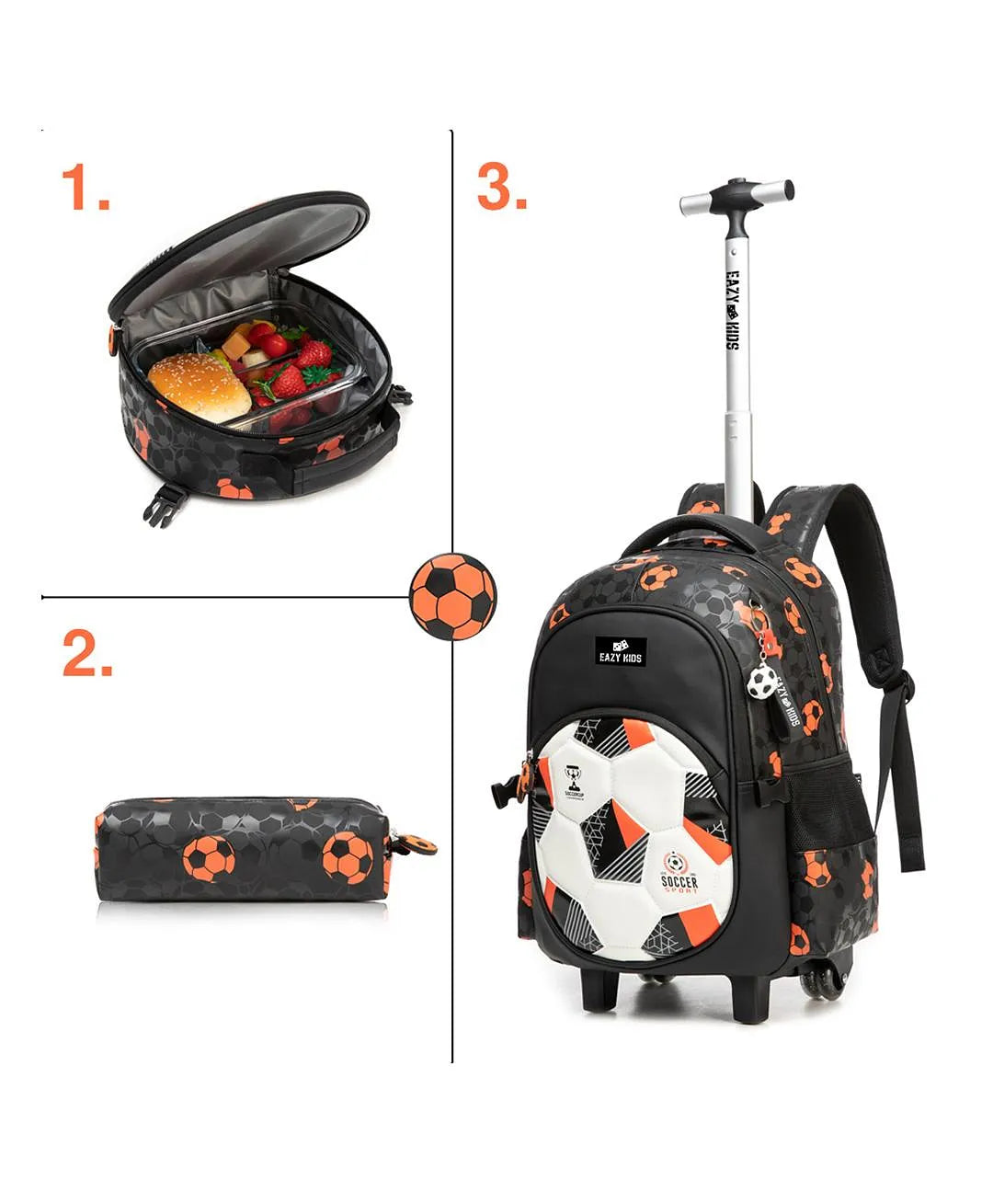 Eazy Kids Trolley School Bag Set of 3 With Lunch Bag and Pencil Case (Football Black)